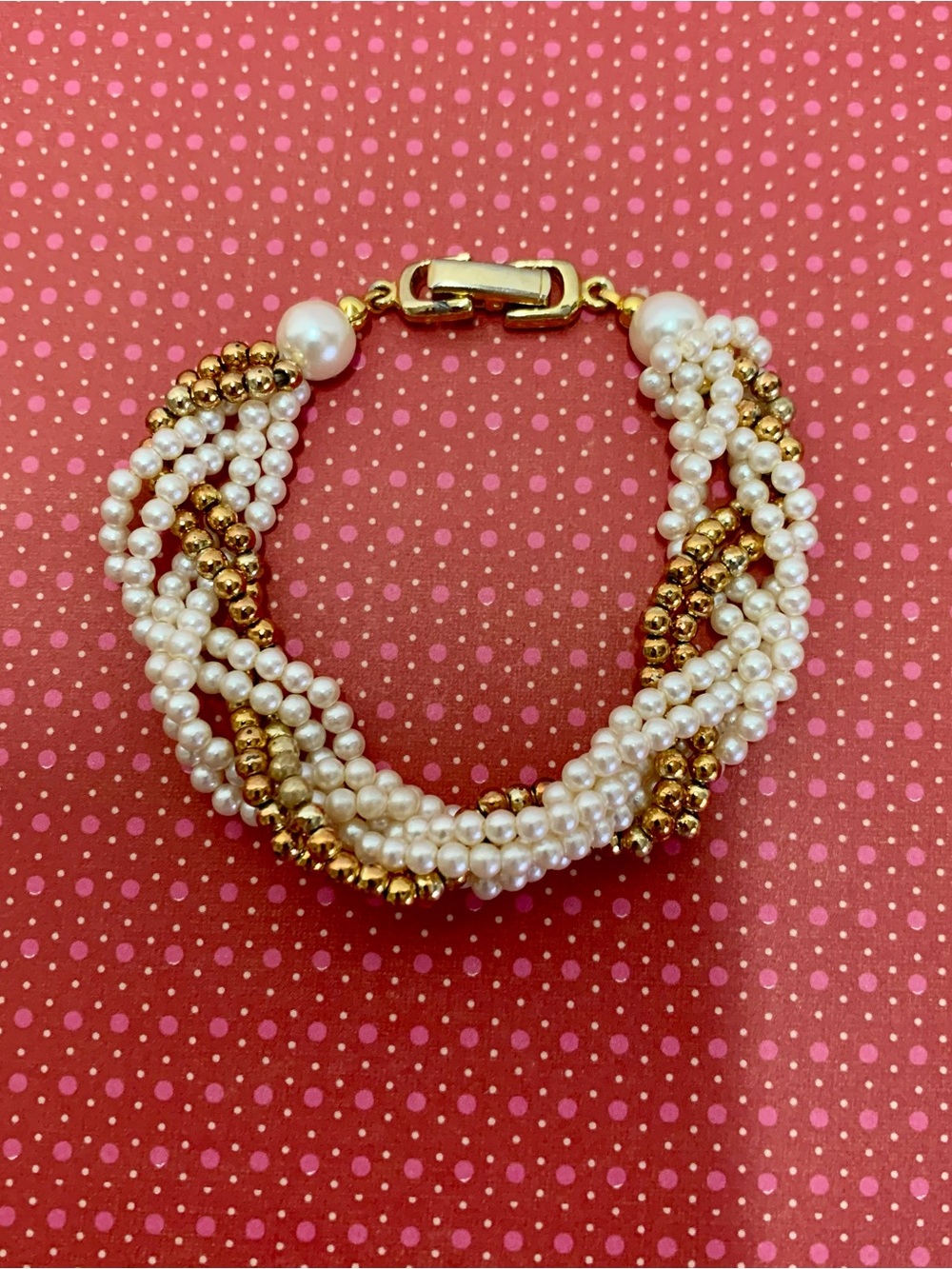 Vintage Multi-Strand Faux Pearl & Gold Bead Twisted Torsade Bracelet